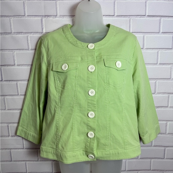 Patchington Green Striped Button Jacket Women's Size L - Picture 2 of 7